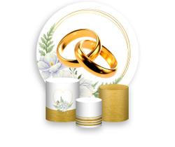 Painel De Festa Redondo 1,50x1,50 + Trio De Capas Cilindro - Noivado Flores Brancas 005