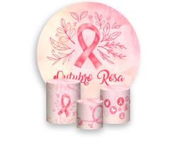 Painel De Festa Redondo 1,50x1,50 + Trio De Capas Cilindro - Outubro Rosa Aquaela com Folhagens 001 Painel De Festa Redondo 1,50x1,50 + Trio De Capas Cilindro - Outubro Rosa Aquaela com Folhagens 001