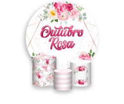 Painel De Festa Redondo 1,50x1,50 + Trio De Capas Cilindro - Outubro Rosa Floral 003 Painel De Festa Redondo 1,50x1,50 + Trio De Capas Cilindro - Outubro Rosa Floral 003