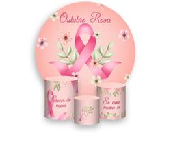 Painel De Festa Redondo 1,50x1,50 + Trio De Capas Cilindro - Outubro Rosa Flores em Aquarela 009 Painel De Festa Redondo 1,50x1,50 + Trio De Capas Cilindro - Outubro Rosa Flores em Aquarela 009