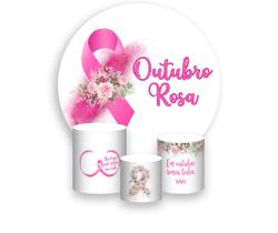 Painel De Festa Redondo 1,50x1,50 + Trio De Capas Cilindro - Outubro Rosa Laço com Buquê 014 Painel De Festa Redondo 1,50x1,50 + Trio De Capas Cilindro - Outubro Rosa Laço com Buquê 014