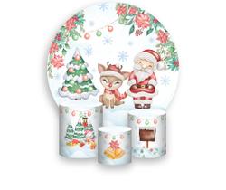 Painel De Festa Redondo 1,50x1,50 + Trio De Capas Cilindro - Papai Noel Cute Natal Rena 028 Painel De Festa Redondo 1,50x1,50 + Trio De Capas Cilindro - Papai Noel Cute Natal Rena 028