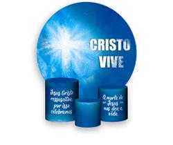 Painel De Festa Redondo 1,50x1,50 + Trio De Capas Cilindro - Pascoa Cruz Cristo Vive 009