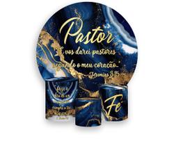 Painel De Festa Redondo 1,50x1,50 + Trio De Capas Cilindro - Pastor Efeito Mármore Azul com Dourado 040