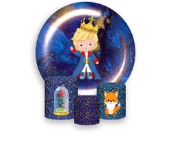 Painel De Festa Redondo 1,50x1,50 + Trio De Capas Cilindro - Pequeno Príncipe Azul Marinho com Estrelas Loiro 009