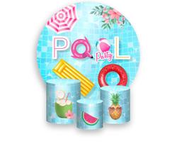 Painel De Festa Redondo 1,50x1,50 Trio De Capas Cilindro Pool Party Piscina e Frutas 010