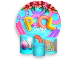 Painel De Festa Redondo 1,50x1,50 + Trio De Capas Cilindro - Pool Party Piscina Rosa 009