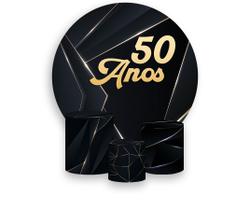 Painel De Festa Redondo 1,50x1,50 + Trio De Capas Cilindro - Preto e Dourado 50 Anos 325