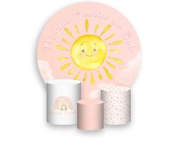 Painel De Festa Redondo 1,50x1,50 + Trio De Capas Cilindro - Primeira Volta ao Sol Céu Rosa 053