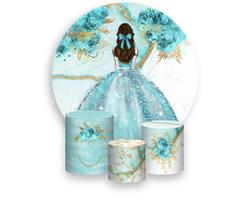Painel De Festa Redondo 1,50x1,50 + Trio De Capas Cilindro - Princesa Efeito Marmorizado com Flores 049
