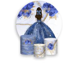 Painel De Festa Redondo 1,50x1,50 + Trio De Capas Cilindro - Princesa Efeito Marmorizado com Flores Azul 041 Painel De Festa Redondo 1,50x1,50 + Trio De Capas Cilindro - Princesa Efeito Marmorizado com Flores Azul 041