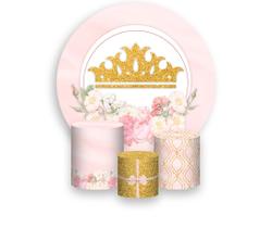 Painel De Festa Redondo 1,50x1,50 + Trio De Capas Cilindro - Realeza Capitone Rosa Candy 008 Painel De Festa Redondo 1,50x1,50 + Trio De Capas Cilindro - Realeza Capitone Rosa Candy 008