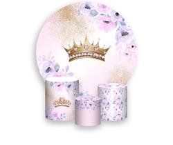 Painel De Festa Redondo 1,50x1,50 + Trio De Capas Cilindro - Realeza Rosa e Lilás Floral 017 Painel De Festa Redondo 1,50x1,50 + Trio De Capas Cilindro - Realeza Rosa e Lilás Floral 017