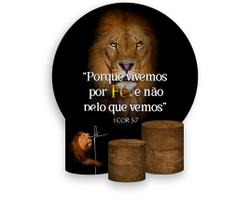 Painel De Festa Redondo 1,50x1,50 + Trio De Capas Cilindro - Religioso Leão Fé 003