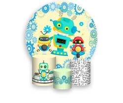 Painel De Festa Redondo 1,50x1,50 + Trio De Capas Cilindro - Robôs Cute Engrenagens 012 Painel De Festa Redondo 1,50x1,50 + Trio De Capas Cilindro - Robôs Cute Engrenagens 012