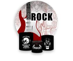 Painel De Festa Redondo 1,50x1,50 + Trio De Capas Cilindro - Rock And Roll Guitarra Vermelha 015