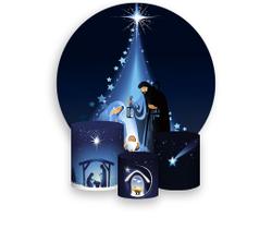Painel De Festa Redondo 1,50x1,50 + Trio De Capas Cilindro - Sagrada Família Natal Azul 008 Painel De Festa Redondo 1,50x1,50 + Trio De Capas Cilindro - Sagrada Família Natal Azul 008