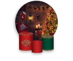Painel De Festa Redondo 1,50x1,50 + Trio De Capas Cilindro - Sala com Árvore de Natal 006 Painel De Festa Redondo 1,50x1,50 + Trio De Capas Cilindro - Sala com Árvore de Natal 006