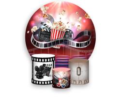 Painel De Festa Redondo 1,50x1,50 + Trio De Capas Cilindro - Sala de Cinema Pipoca Claquete 001 Painel De Festa Redondo 1,50x1,50 + Trio De Capas Cilindro - Sala de Cinema Pipoca Claquete 001