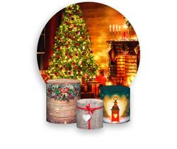Painel De Festa Redondo 1,50x1,50 + Trio De Capas Cilindro - Sala de Natal Brilhante 012 Painel De Festa Redondo 1,50x1,50 + Trio De Capas Cilindro - Sala de Natal Brilhante 012