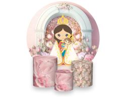 Painel De Festa Redondo 1,50x1,50 + Trio De Capas Cilindro - Santa Nossa Senhora de Nazaré Cute Fundo Rosa Católico 012