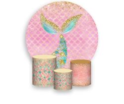 Painel De Festa Redondo 1,50x1,50 + Trio De Capas Cilindro - Sereia Rosa e Verde 011 Painel De Festa Redondo 1,50x1,50 + Trio De Capas Cilindro - Sereia Rosa e Verde 011