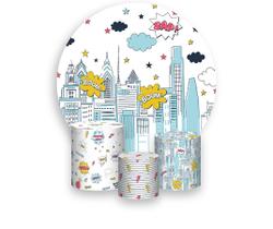 Painel De Festa Redondo 1,50x1,50 + Trio De Capas Cilindro - Super Herói Azul 020