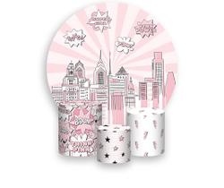 Painel De Festa Redondo 1,50x1,50 + Trio De Capas Cilindro - Super Heroína Rosa 019