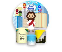 Painel De Festa Redondo 1,50x1,50 + Trio De Capas Cilindro - Super Jesus 013