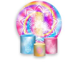 Painel De Festa Redondo 1,50x1,50 + Trio De Capas Cilindro - Tie Dye Mandala Hippie 005