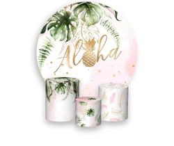 Painel De Festa Redondo 1,50x1,50 + Trio De Capas Cilindro - Tropical Aloha Aquarela Rosa 007