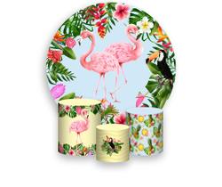 Painel De Festa Redondo 1,50x1,50 + Trio De Capas Cilindro - Tropical Flamingos Folhagens 011 Painel De Festa Redondo 1,50x1,50 + Trio De Capas Cilindro - Tropical Flamingos Folhagens 011