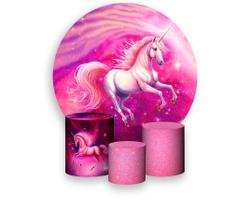 Painel De Festa Redondo 1,50x1,50 + Trio De Capas Cilindro -Unicórnio 3D Efeito Glitter Rosa 009