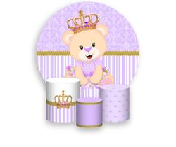 Painel De Festa Redondo 1,50x1,50 + Trio De Capas Cilindro - Ursinha Princesa Lilás 031 Painel De Festa Redondo 1,50x1,50 + Trio De Capas Cilindro - Ursinha Princesa Lilás 031