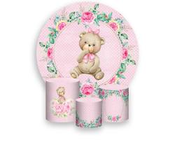 Painel De Festa Redondo 1,50x1,50 + Trio De Capas Cilindro - Ursinha Rosa Aquarela Floral 008 Painel De Festa Redondo 1,50x1,50 + Trio De Capas Cilindro - Ursinha Rosa Aquarela Floral 008
