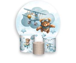 Painel De Festa Redondo 1,50x1,50 + Trio De Capas Cilindro - Ursinho Aviador Nuvem E Estrelas 051
