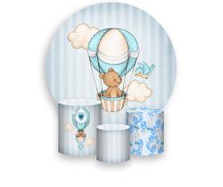 Painel De Festa Redondo 1,50x1,50 + Trio De Capas Cilindro - Ursinho Baloeiro Azul Claro 016