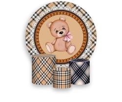 Painel De Festa Redondo 1,50x1,50 + Trio De Capas Cilindro - Ursinho Xadrez 023