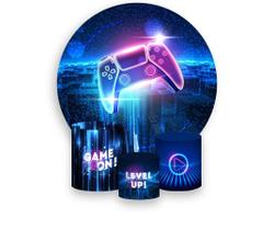 Painel De Festa Redondo 1,50x1,50 + Trio De Capas Cilindro - Video Game Cidade Azul 005 Painel De Festa Redondo 1,50x1,50 + Trio De Capas Cilindro - Video Game Cidade Azul 005