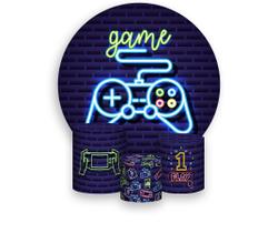 Painel De Festa Redondo 1,50x1,50 + Trio De Capas Cilindro - Video Game Efeito Neon 011