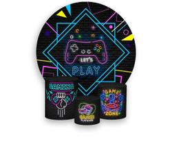 Painel De Festa Redondo 1,50x1,50 + Trio De Capas Cilindro - Video Game Retro Efeito Neon 001