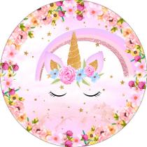 Painel De Festa Redondo 1,50x1,50 - Unicórnio Flores e Arco-Íris 001