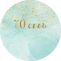 Painel De Festa Redondo 1,5x1,5 - Efeito Glitter Dourado e Marmore Tiffany 70 anos 090