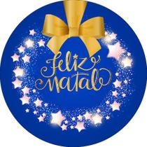 Painel De Festa Redondo 1,5x1,5 - Feliz Natal Azul Efeito Glitter Dourado 038