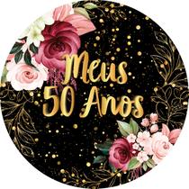 Painel De Festa Redondo 1,5x1,5 - Fundo Preto Flores Efeito Brilhos Meus 50 Anos Dourado 051