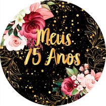 Painel De Festa Redondo 1,5x1,5 - Fundo Preto Flores Efeito Brilhos Meus 75 Anos Dourado 108