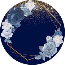 Painel De Festa Redondo 1,5x1,5 - Geométrico Efeito Glitter e Flores Azul 039
