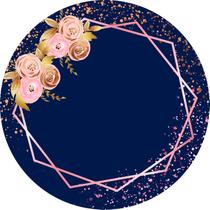 Painel De Festa Redondo 1,5x1,5 - Geométrico Flores Efeito Glitter Fundo Azul 04