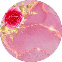 Painel De Festa Redondo 1,5x1,5 - Marmorizado Rosa com Dourado e Flores 130 - Via Cores