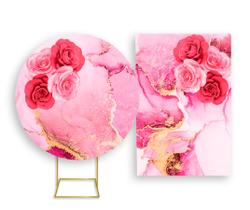 Painel De Festa Redondo + Painel Vertical - Marmorizado Rosa com Flores Douradas 018